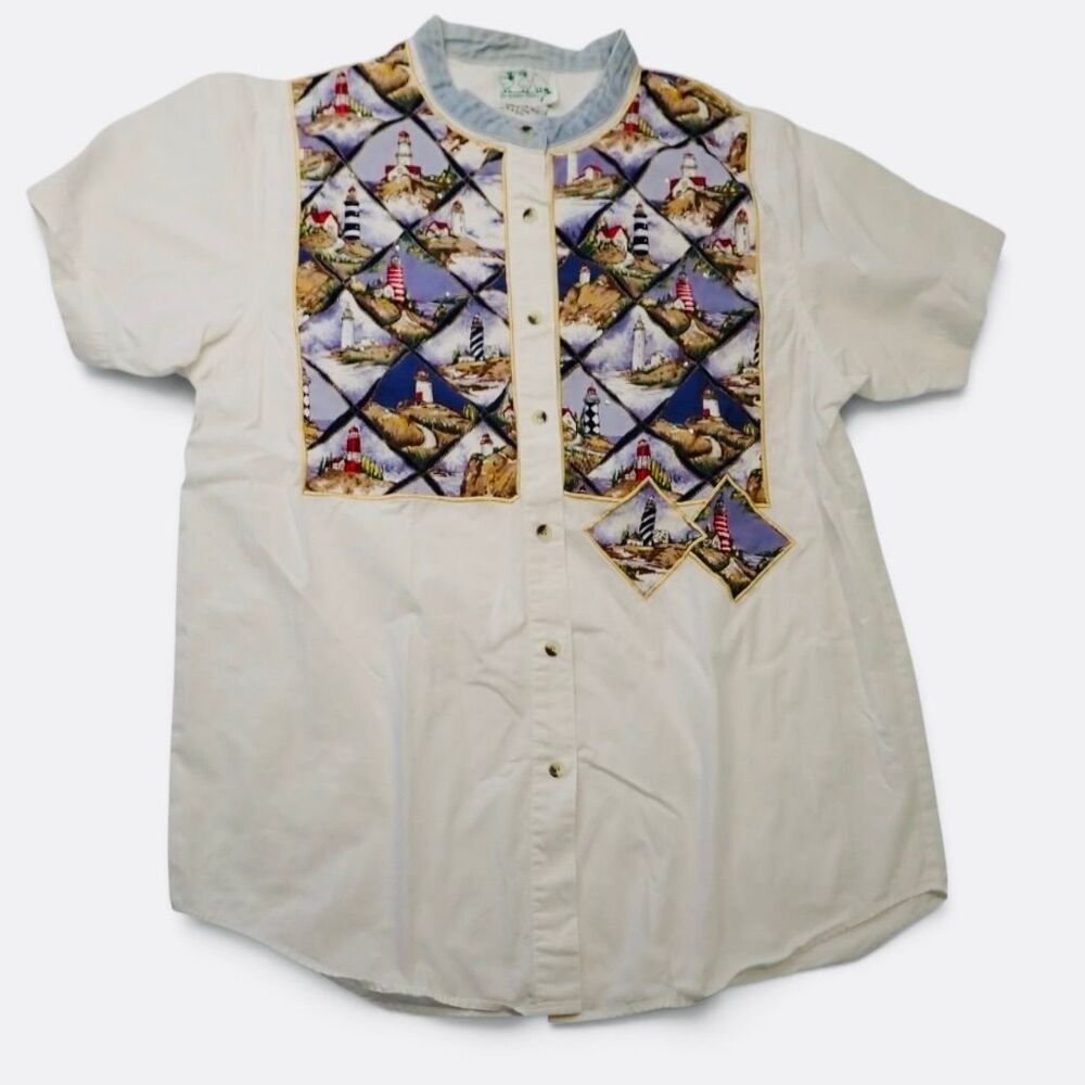VTG Quacker Factory Lighthouse Shirt Medium White Short Sleeve Nautical Blouse
